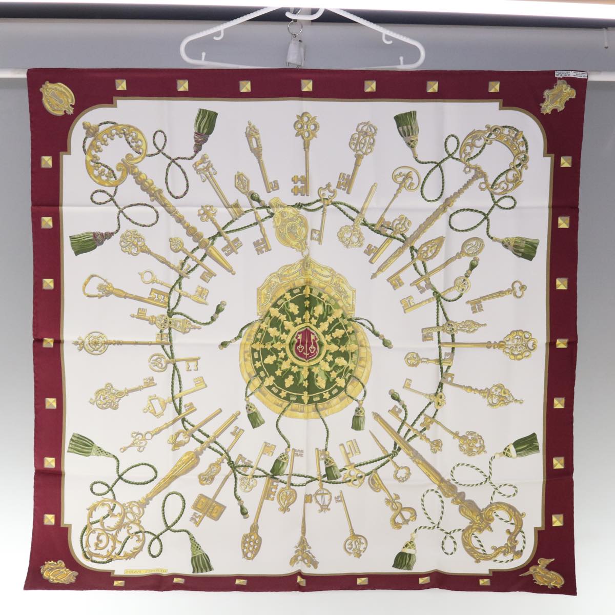 HERMES Carre 90 LE Cles Scarf Silk Red Auth am5719