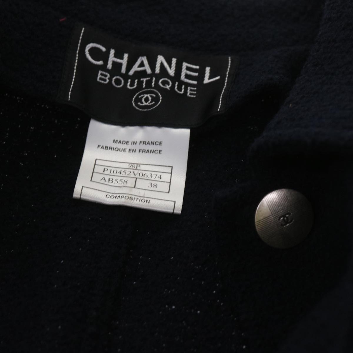 CHANEL COCO Mark Chain Set Up Jacket Wool 38 Navy CC Auth am5722