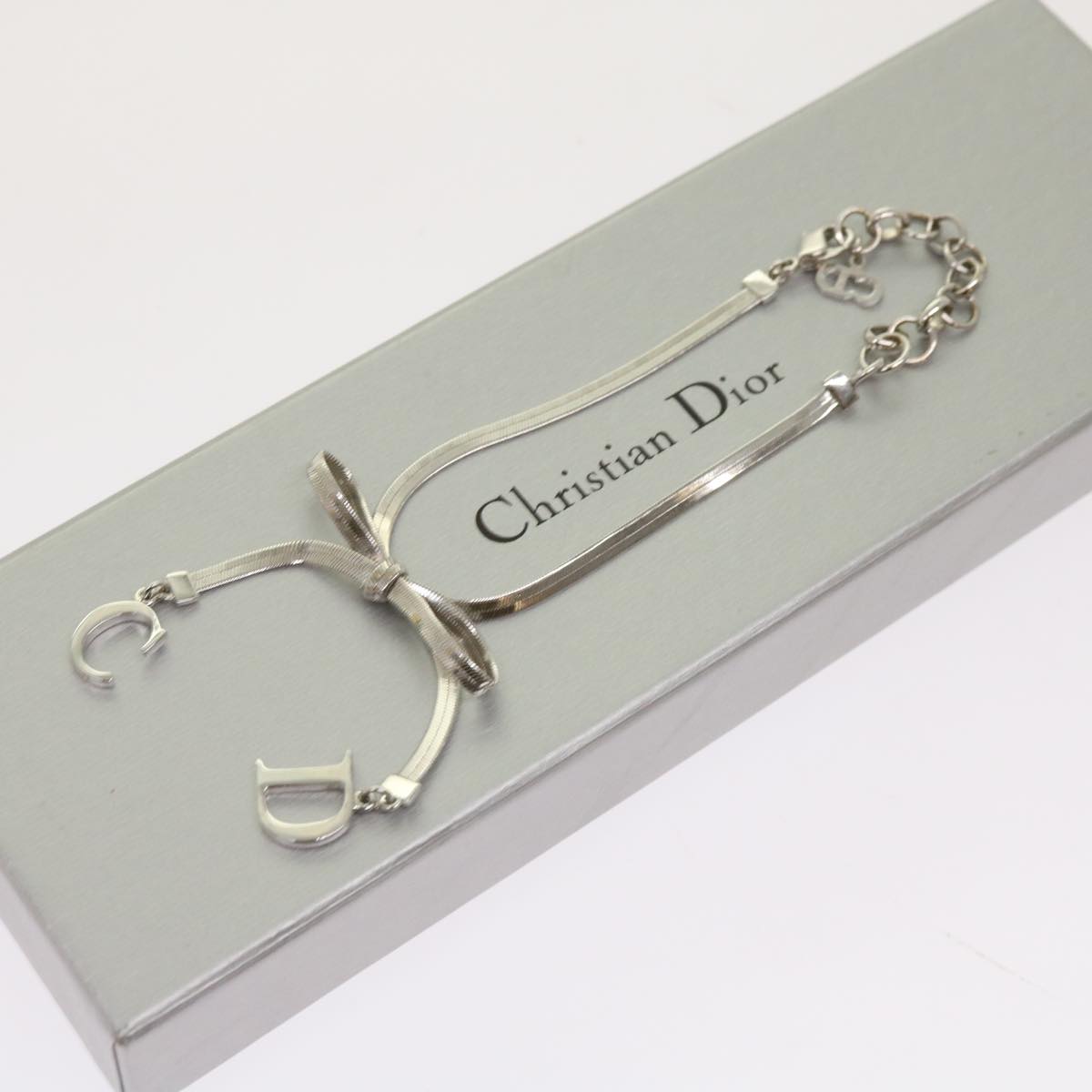 Christian Dior Ribbon Bracelet Metal Silver Auth am5770