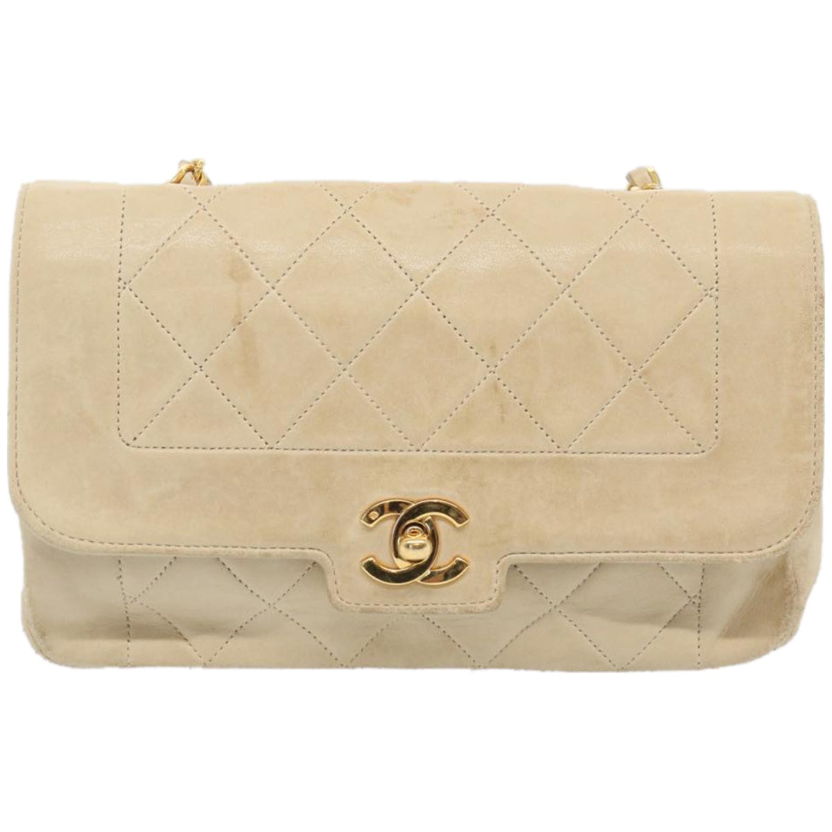 CHANEL Matelasse Chain Turn Lock Shoulder Bag Lamb Skin Beige CC Auth am5815