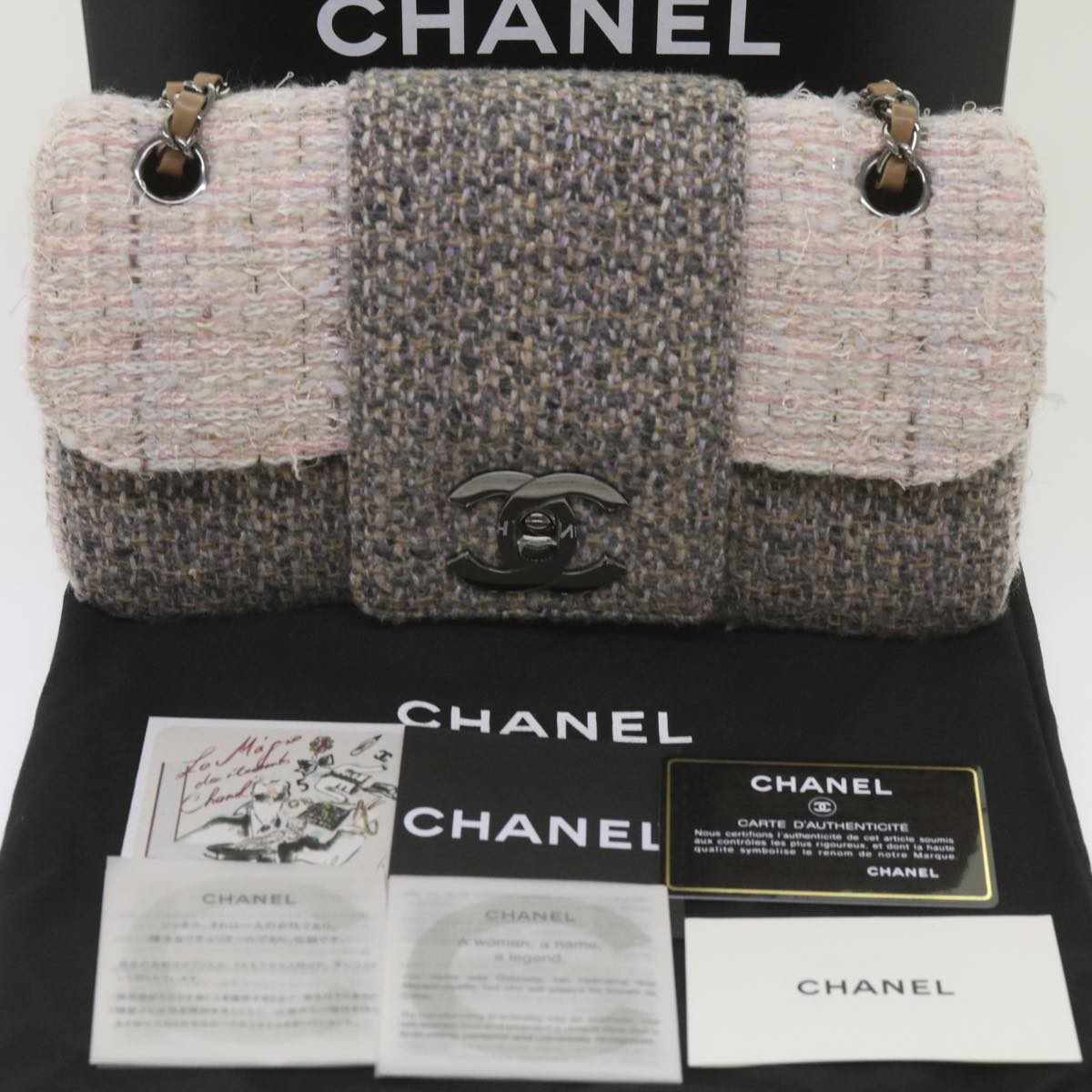 CHANEL COCO Mark Turn Lock Chain Shoulder Bag Tweed Pink CC Auth am5825A