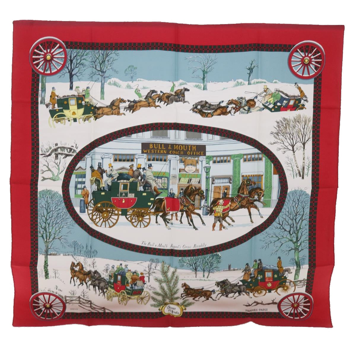 HERMES Carre 90 BULL & MOUTH WESTERN COACH OFFICE Scarf Silk Red Auth am5912