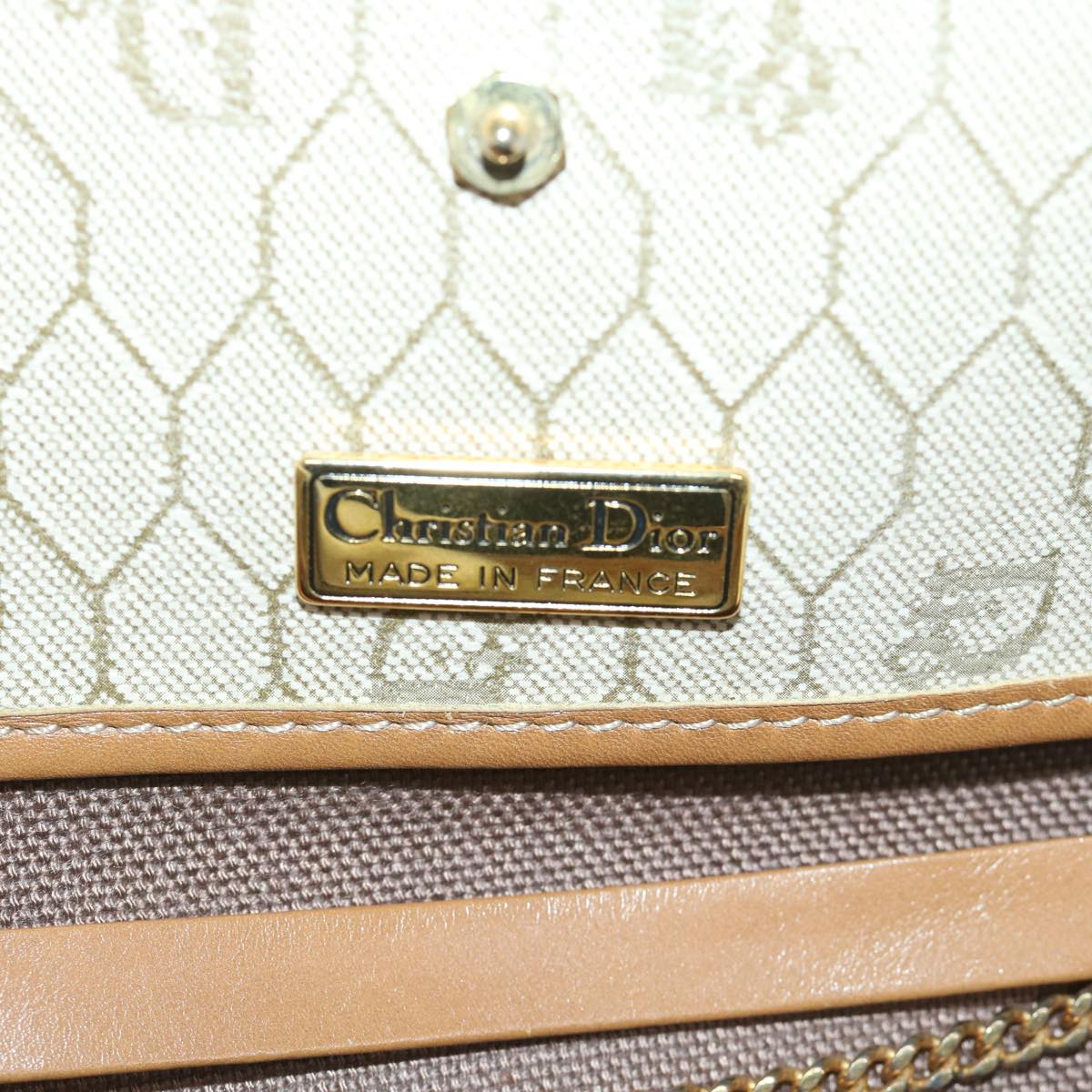 Christian Dior Honeycomb Canvas Chain Shoulder Bag PVC Beige Auth am5929