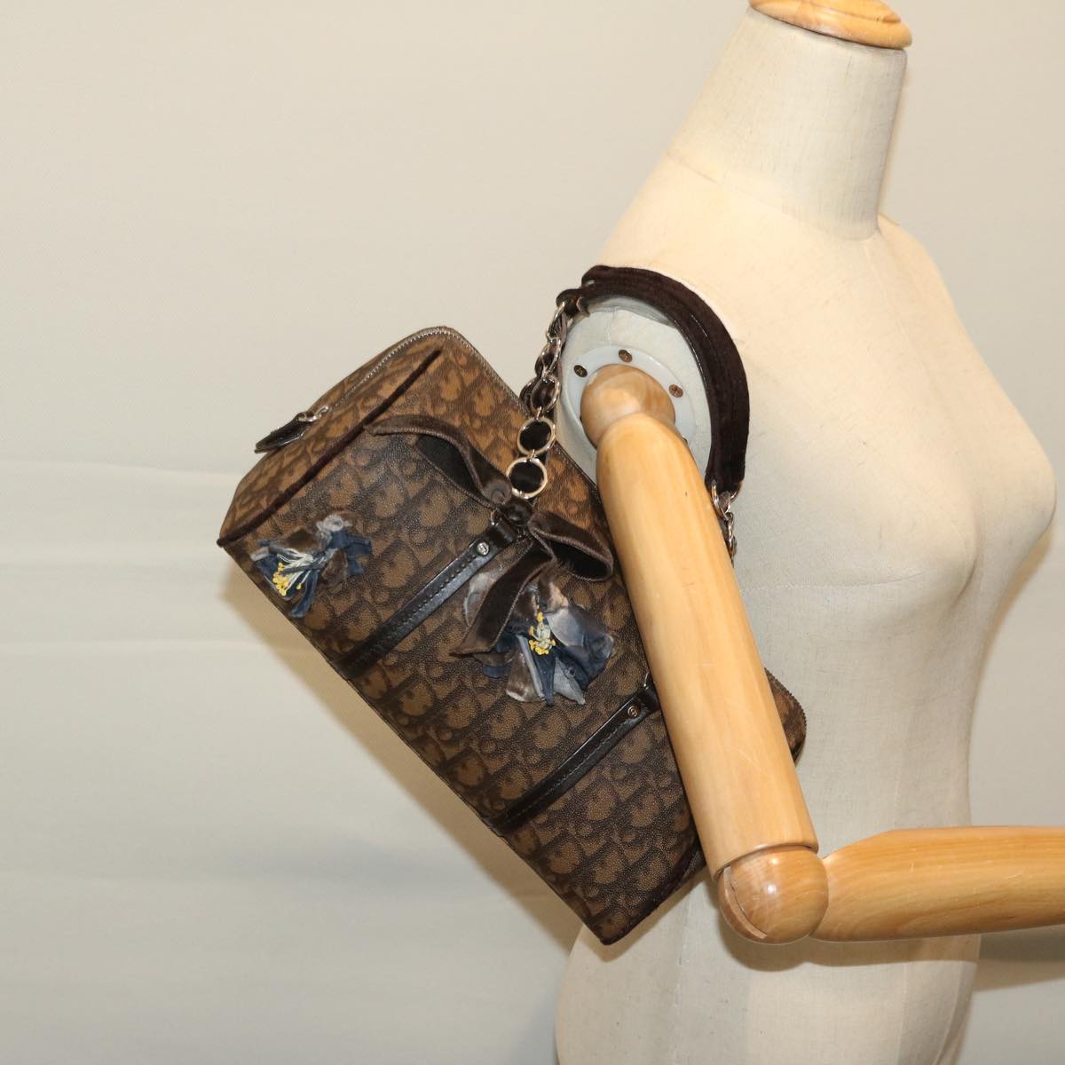 Christian Dior Trotter Canvas Chain Hand Bag PVC Brown Auth am5959