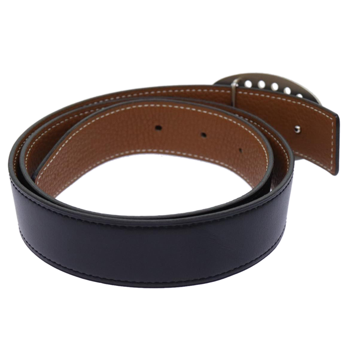 HERMES Evelyn oval buckle reversible Belt Leather Black Brown Auth am5971 - 0