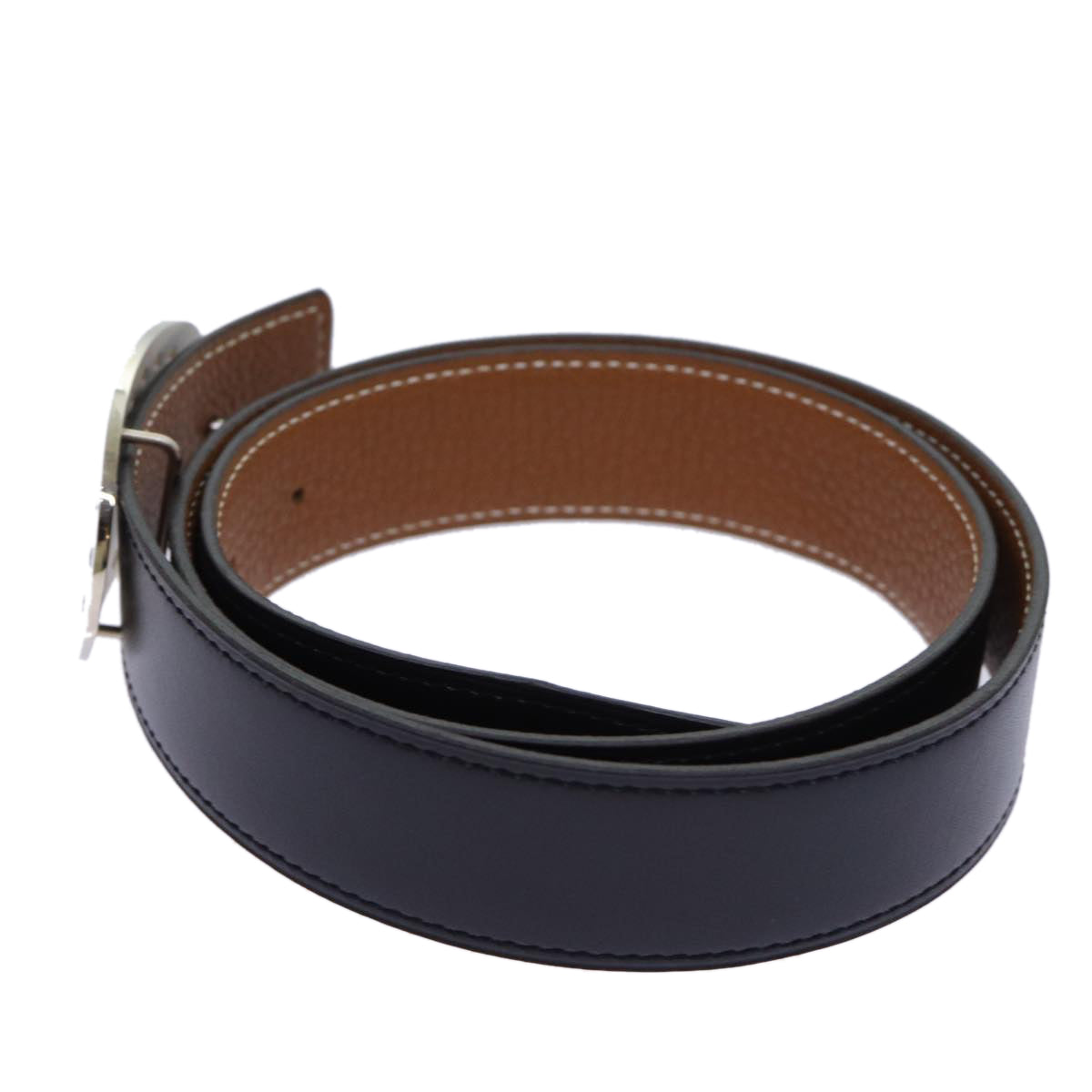 HERMES Evelyn oval buckle reversible Belt Leather Black Brown Auth am5971