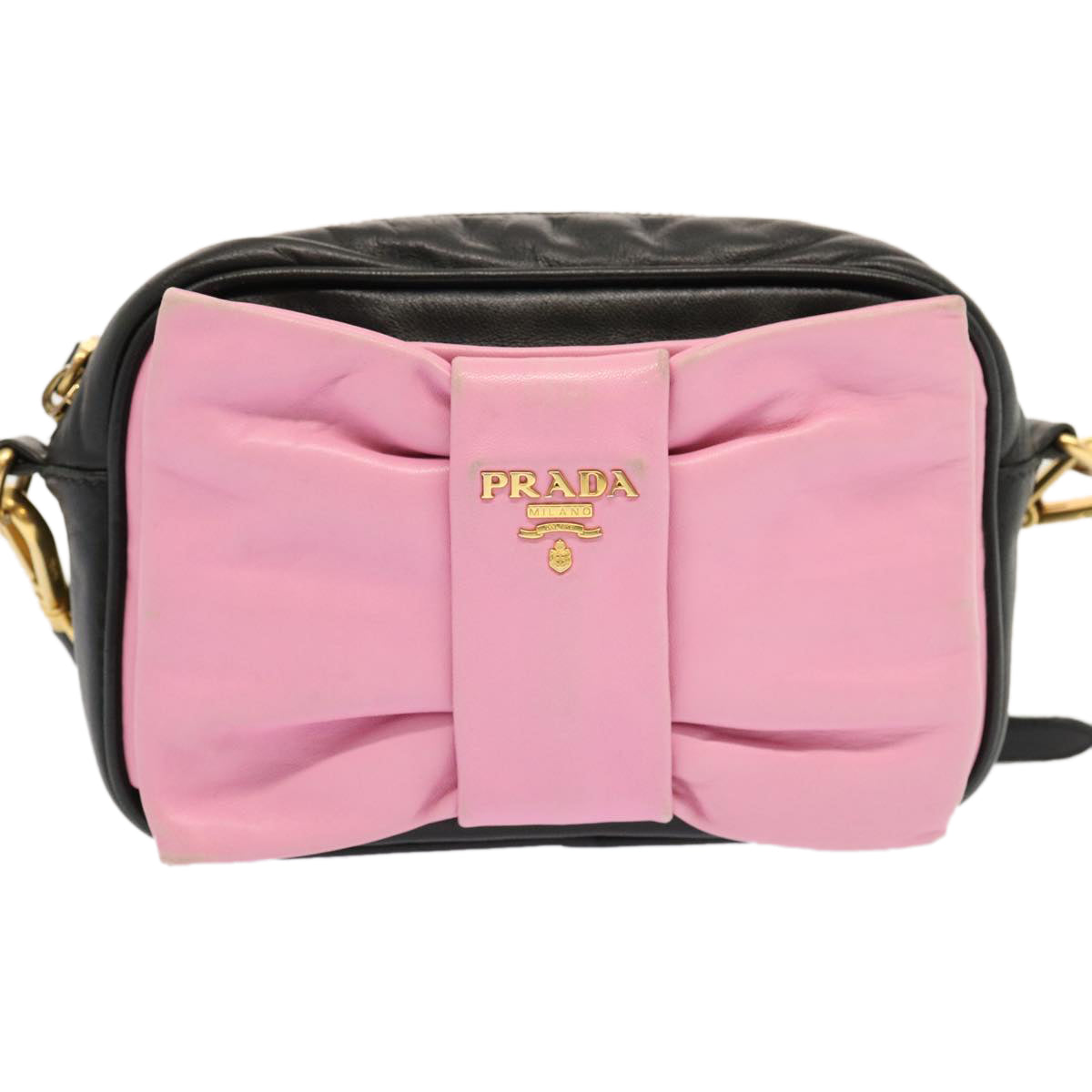 PRADA Ribbon Shoulder Bag Leather Pink Black Auth am6034 - 0