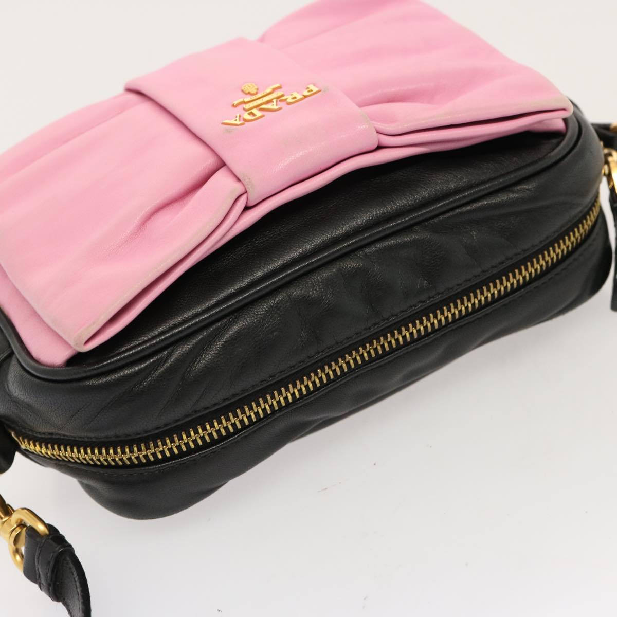 PRADA Ribbon Shoulder Bag Leather Pink Black Auth am6034