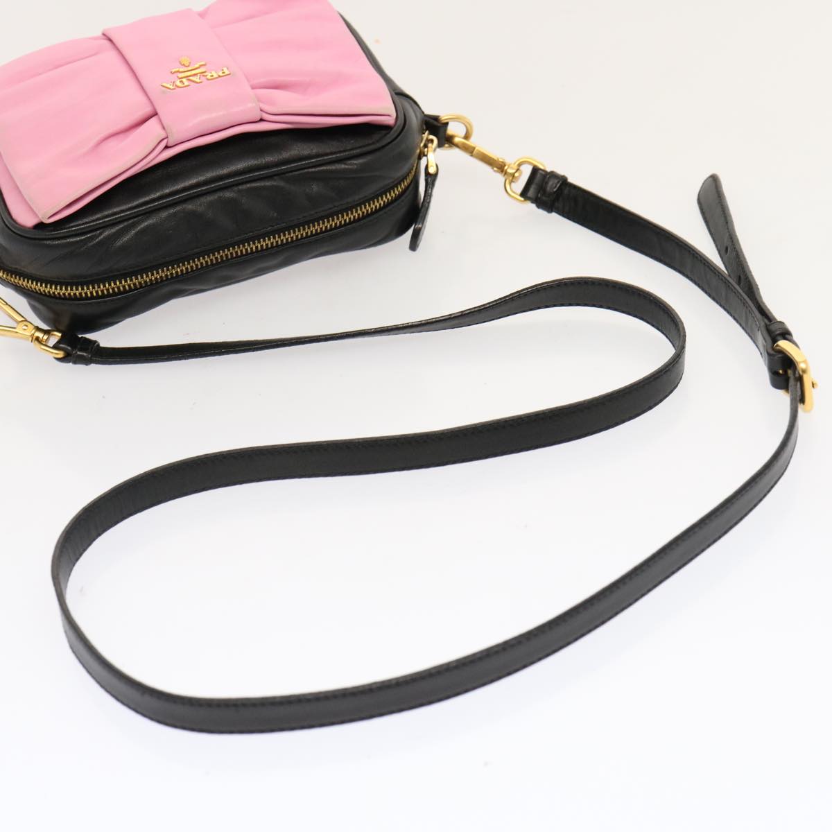 PRADA Ribbon Shoulder Bag Leather Pink Black Auth am6034