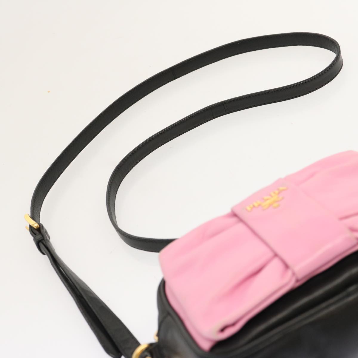 PRADA Ribbon Shoulder Bag Leather Pink Black Auth am6034