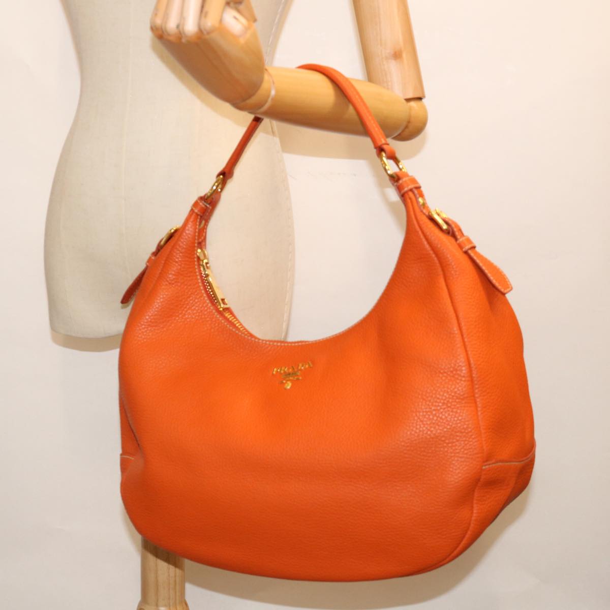 PRADA Shoulder Bag Leather Orange Auth am6047