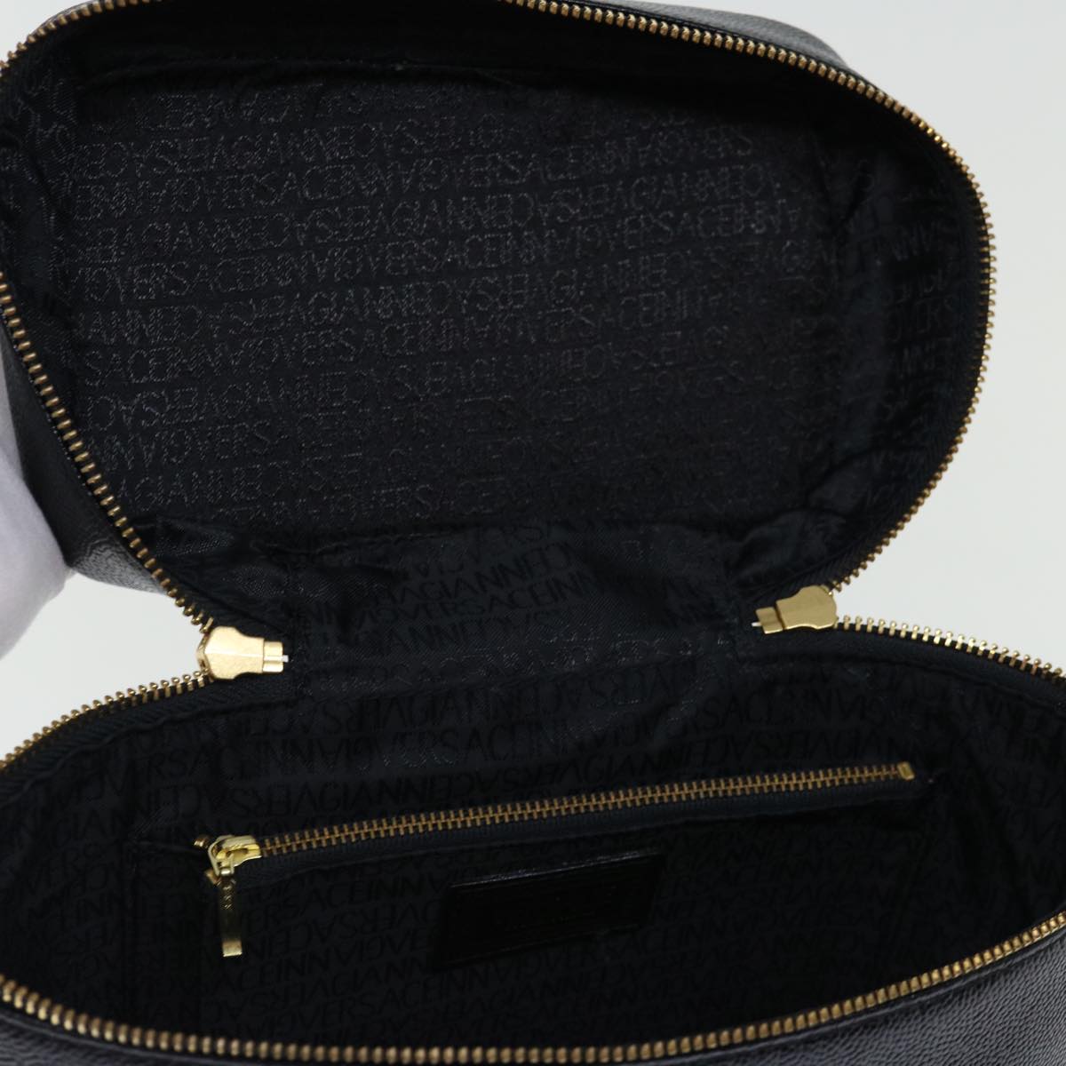 VERSACE Vanity Hand Bag Leather Black Auth am6048