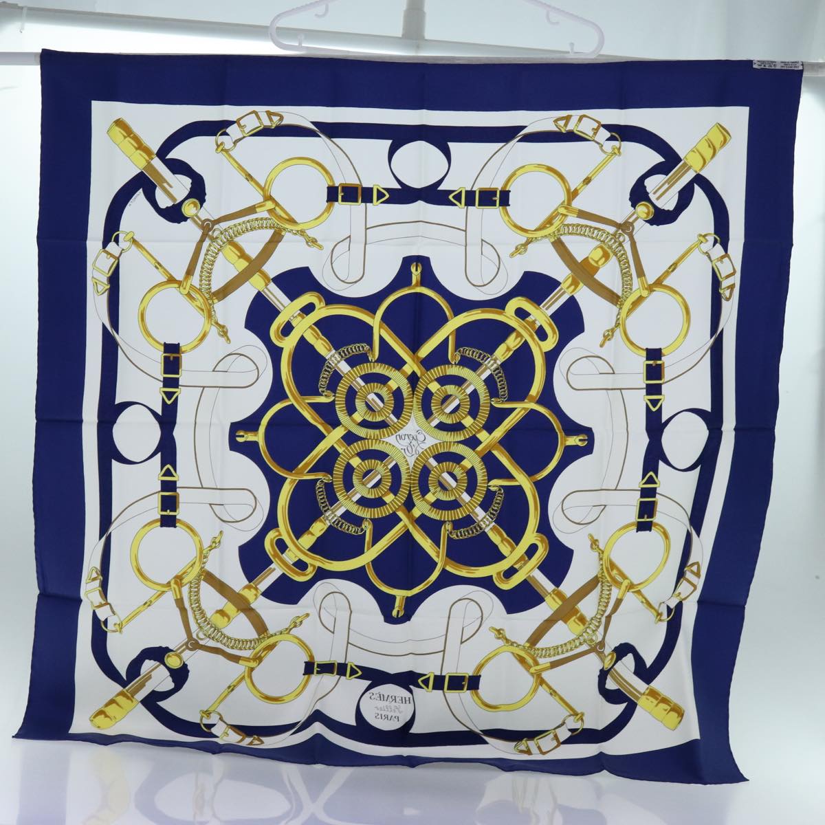 HERMES Carre 90 Eperon d'Or Scarf Silk Blue Auth am6085