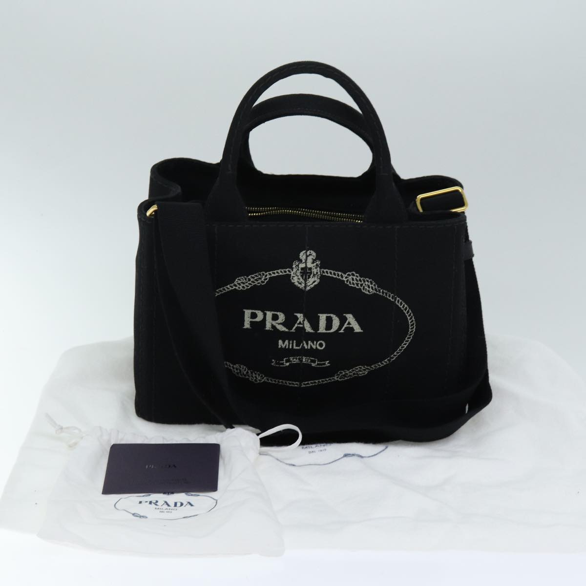 PRADA Canapa PM Hand Bag Canvas 2way Black Auth am6096A