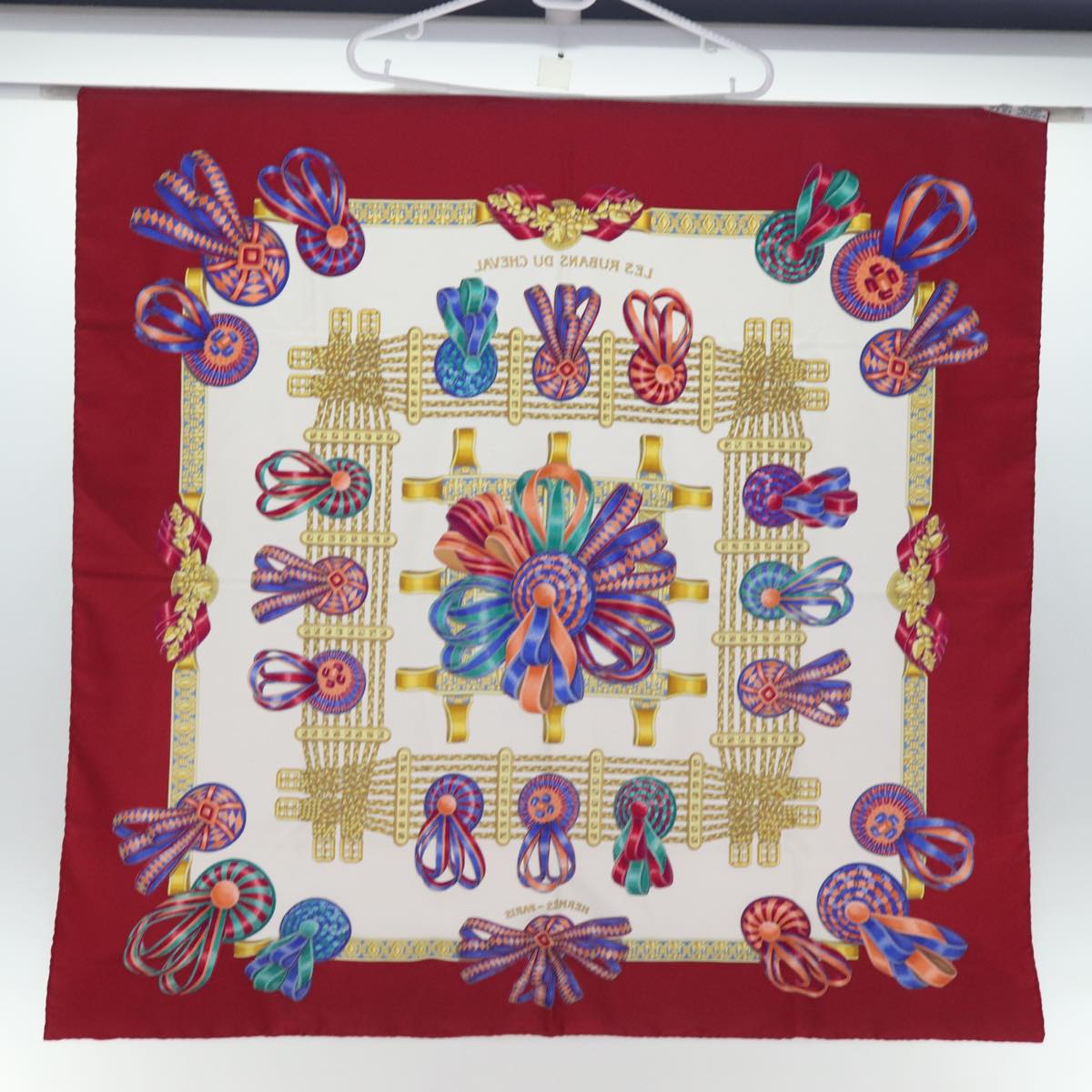 HERMES Carre 90 Scarf ""LES RUBANS DU CHEVAL"" Silk Red Auth am6113
