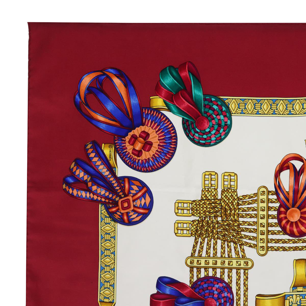 HERMES Carre 90 Scarf ""LES RUBANS DU CHEVAL"" Silk Red Auth am6113 - 0