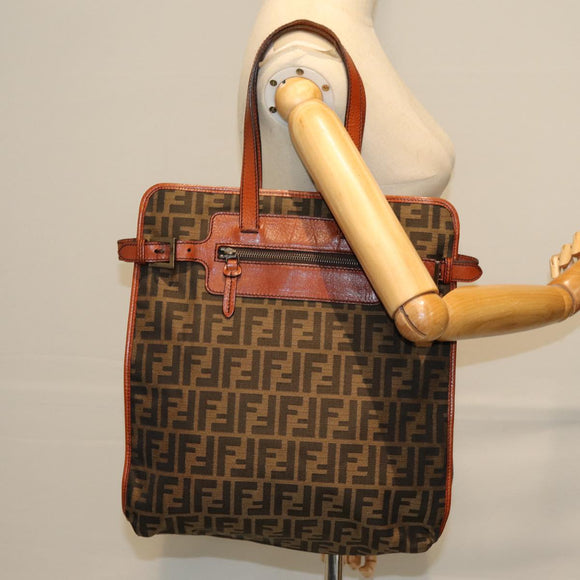 FENDI Zucca Canvas Tote Bag Brown Black Auth am6121