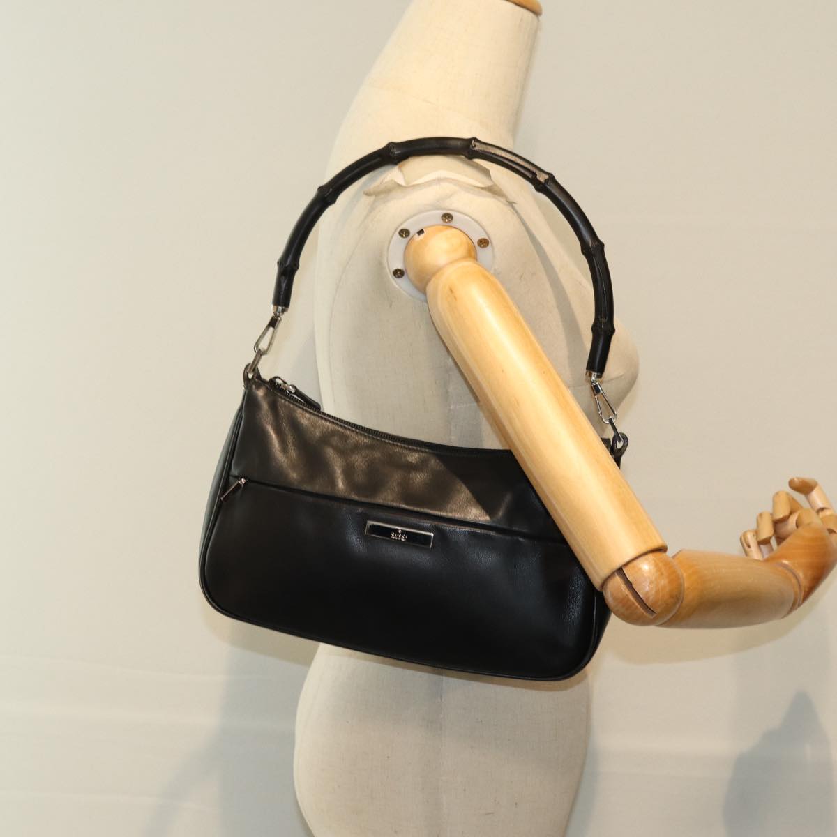 GUCCI Bamboo Shoulder Bag Leather Black 001 3865 Auth am6186