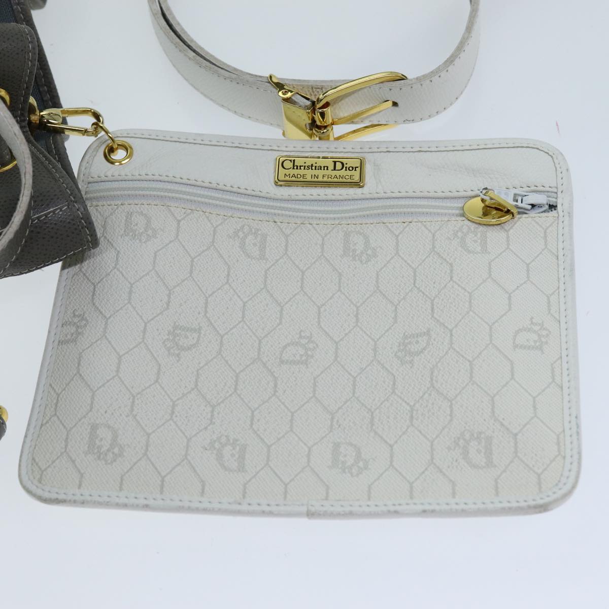 Christian Dior Honeycomb Canvas Shoulder Bag PVC Leather White Auth am6208