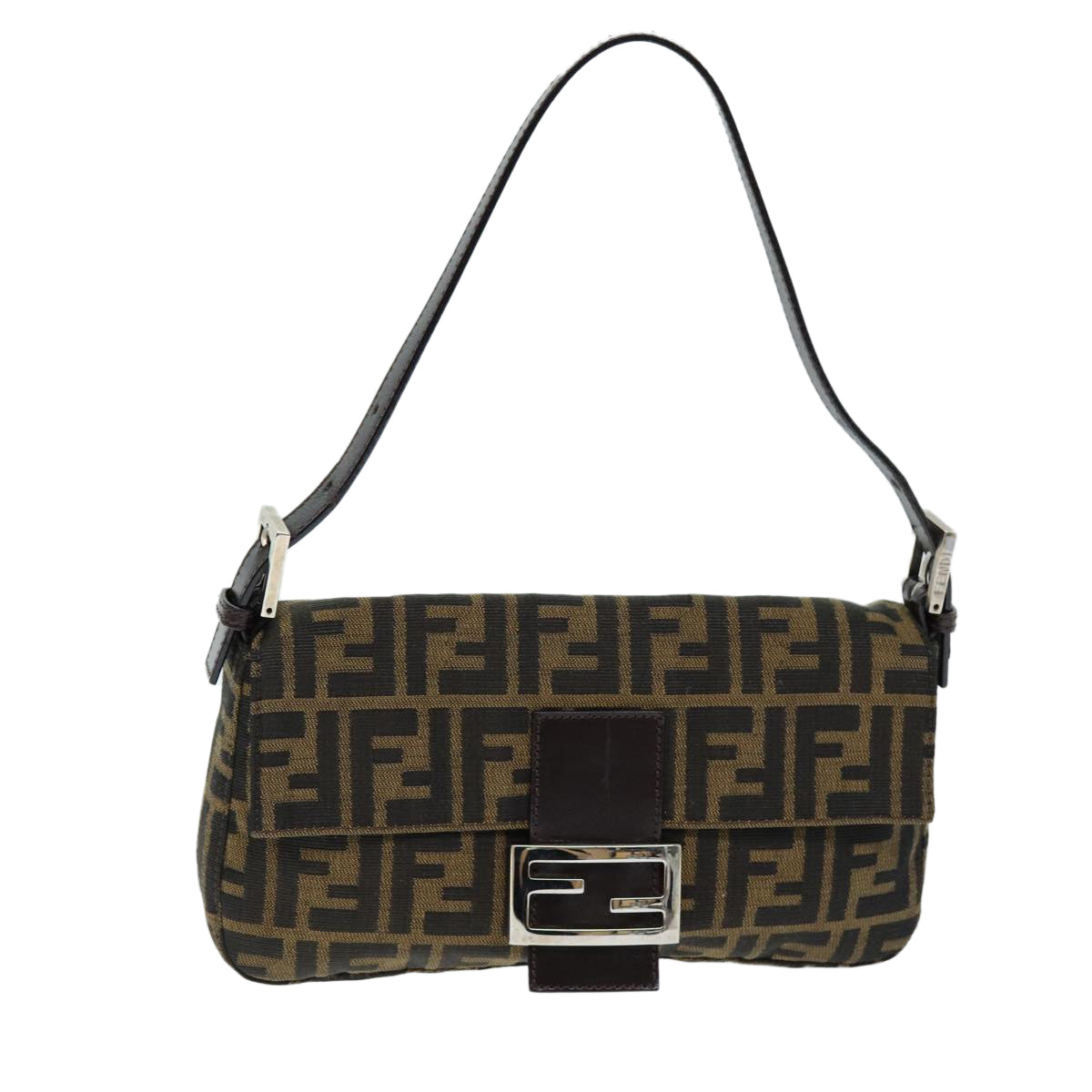 FENDI Zucchino Canvas Mamma Baguette Shoulder Bag Black Brown Auth am6286A