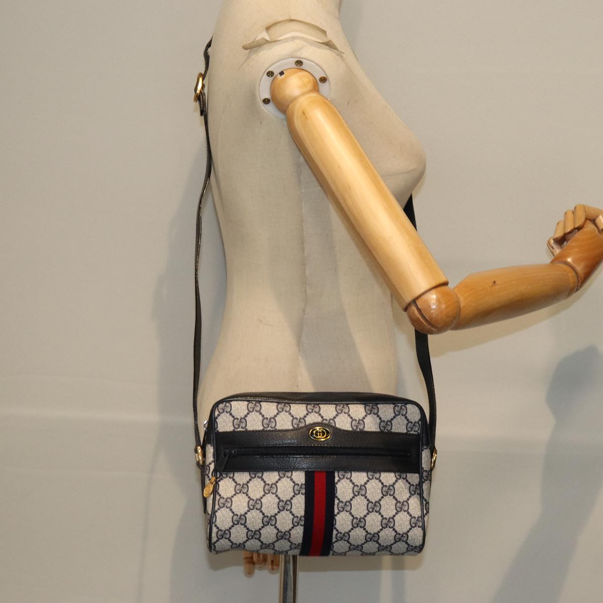 GUCCI GG Supreme Sherry Line Shoulder Bag PVC Navy Red 56 02 004 