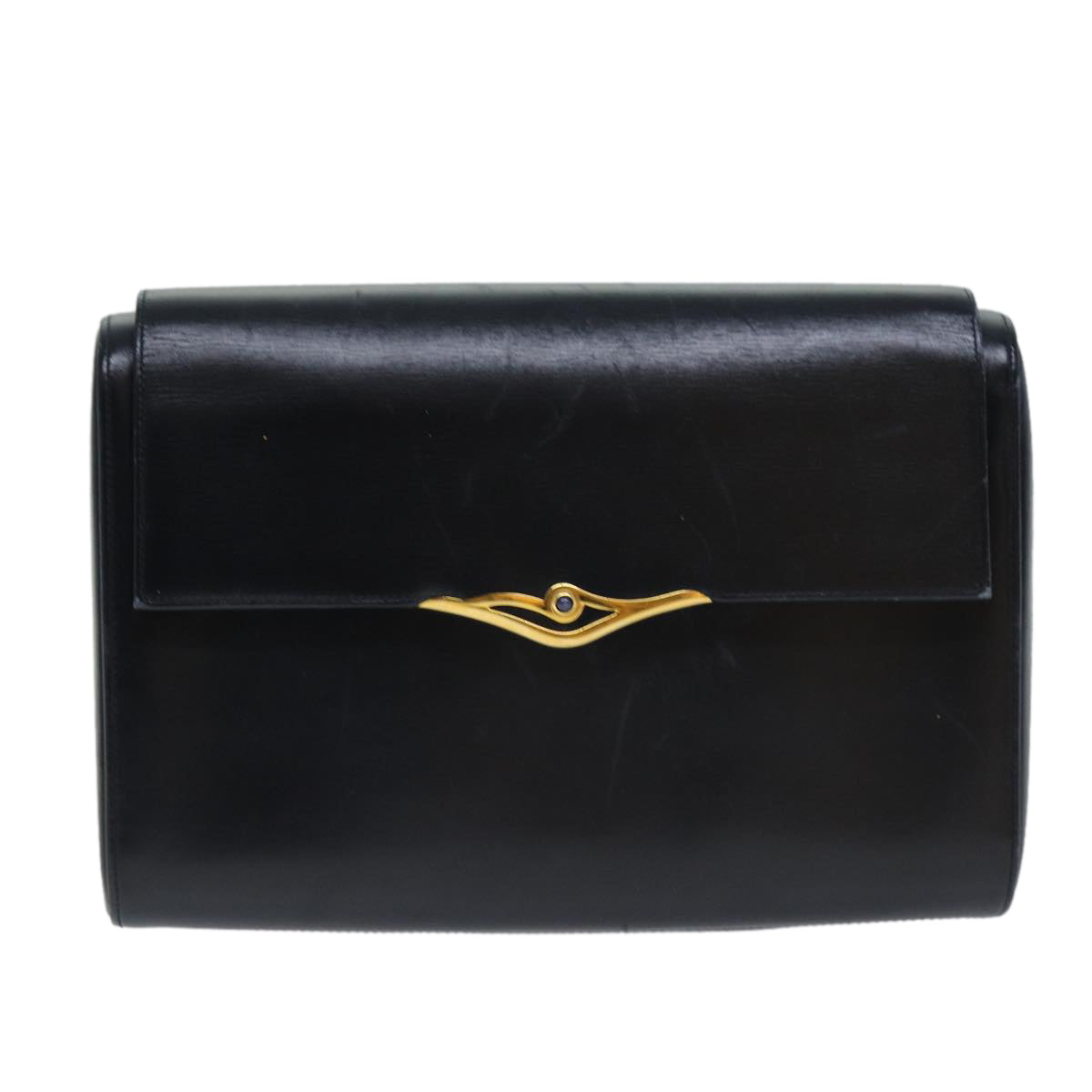CARTIER Clutch Bag Leather Navy Auth am6295