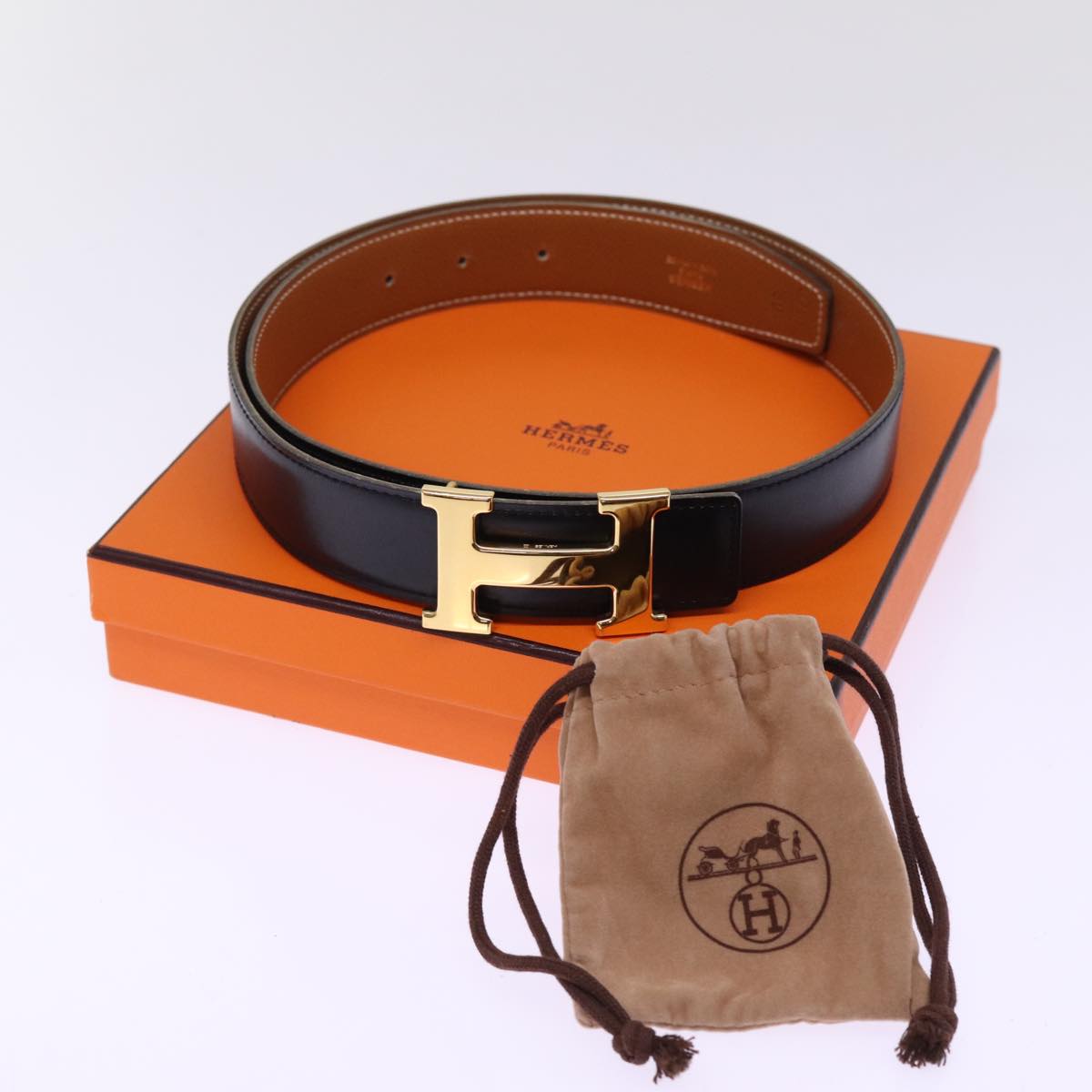 HERMES Constance Belt Leather 37.4"" Brown Auth am6331