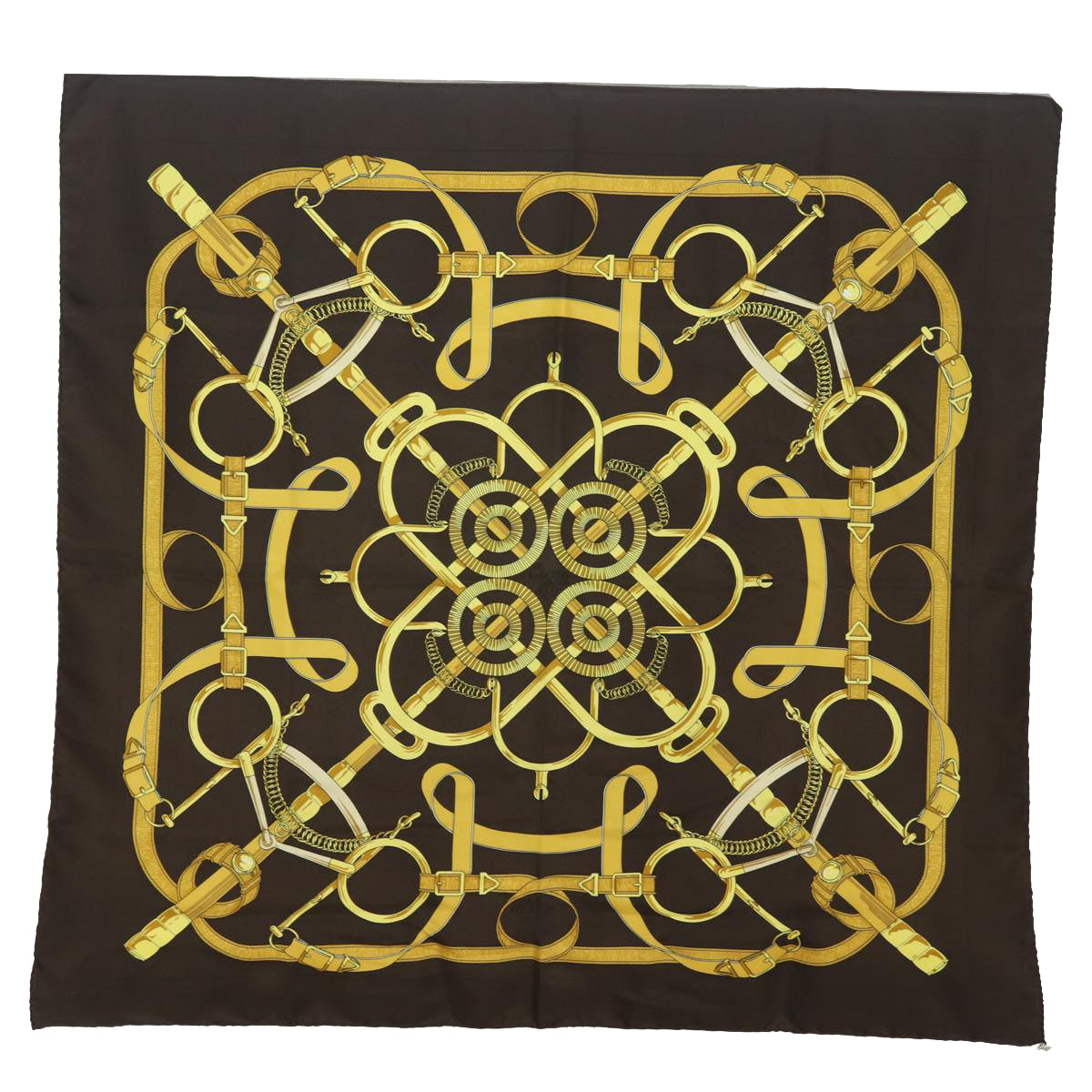 HERMES Carre 90 Scarf "" Eperon d'or"" Silk Brown Auth am6342