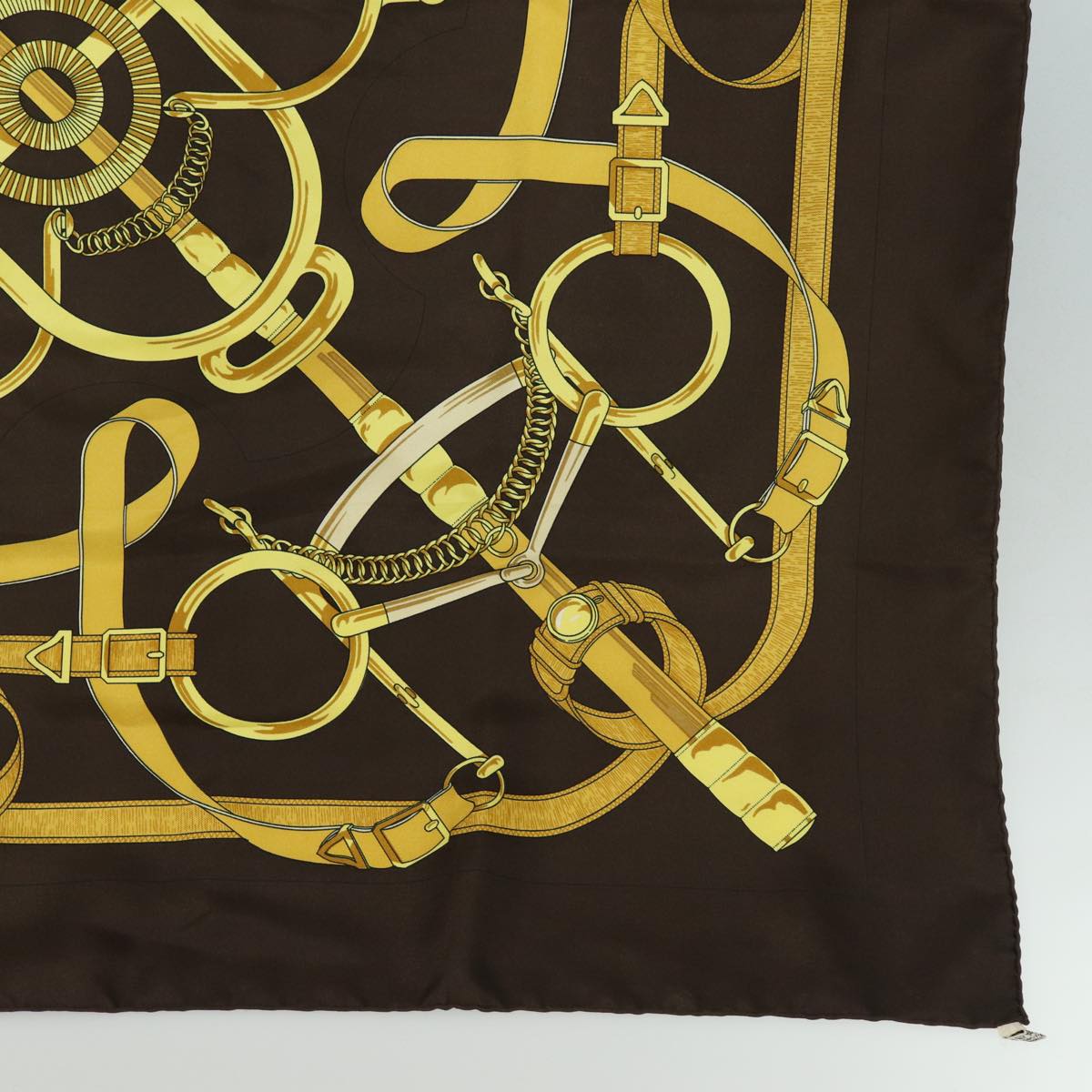 HERMES Carre 90 Scarf "" Eperon d'or"" Silk Brown Auth am6342