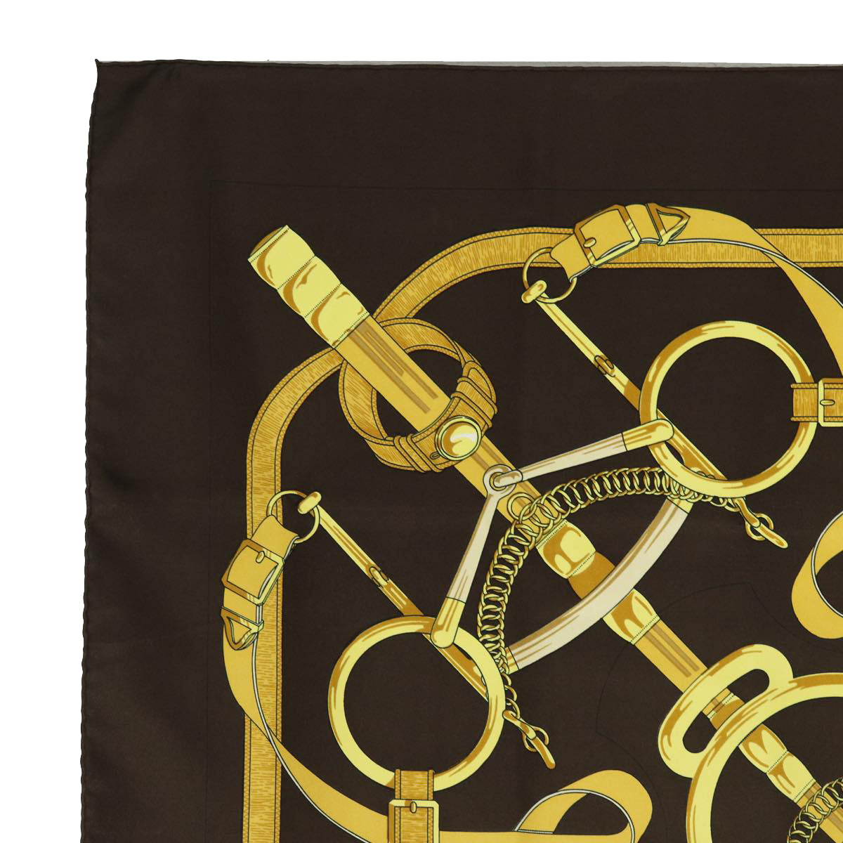 HERMES Carre 90 Scarf "" Eperon d'or"" Silk Brown Auth am6342 - 0