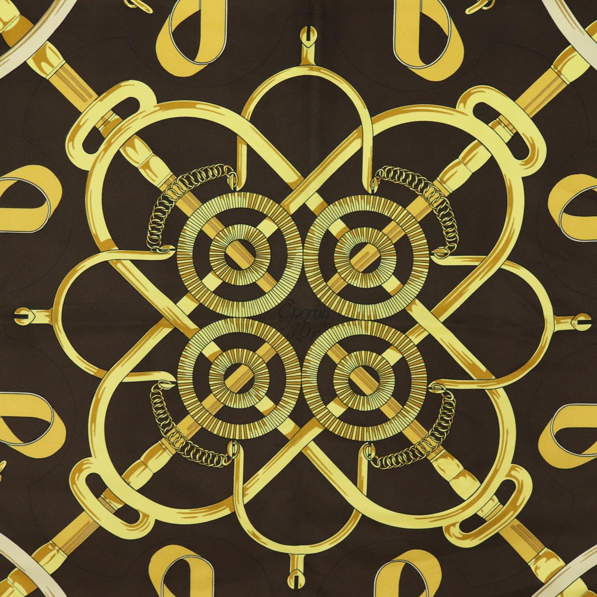 HERMES Carre 90 Scarf "" Eperon d'or"" Silk Brown Auth am6342