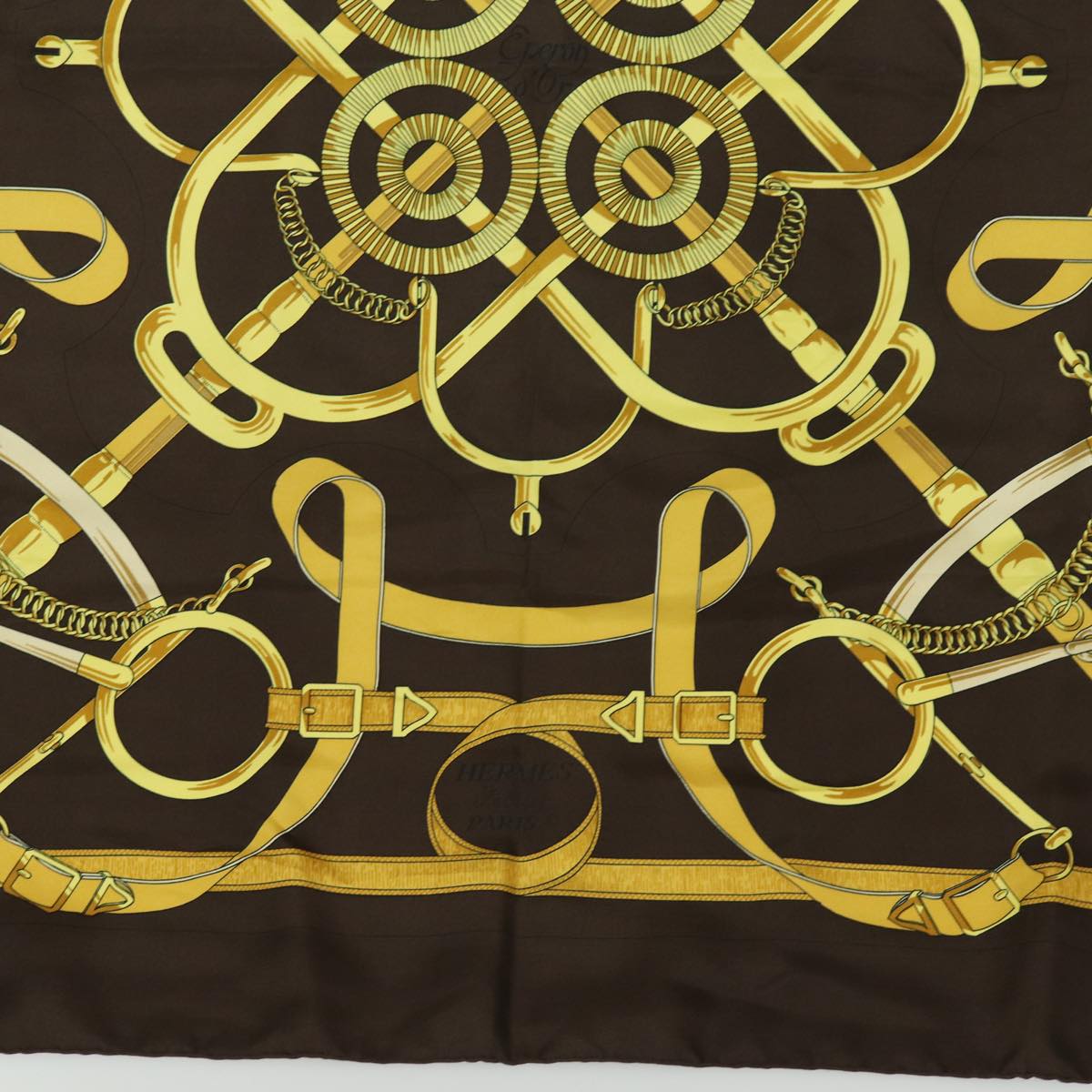 HERMES Carre 90 Scarf "" Eperon d'or"" Silk Brown Auth am6342