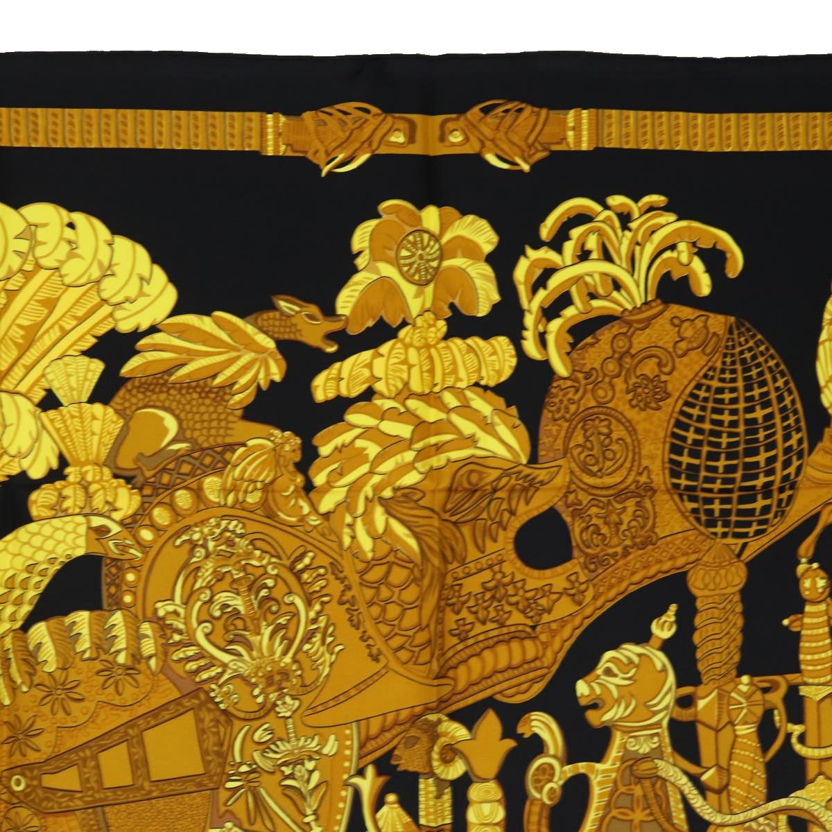 HERMES Carre 90 Scarf ""ARMETS en PANACHE"" Silk Black Auth am6343