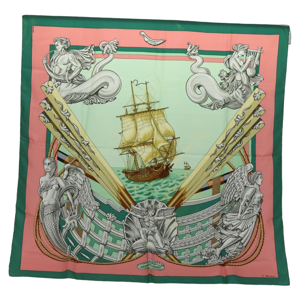 HERMES Carre 90 Scarf ""Zephyr"" Silk Green Auth am6362