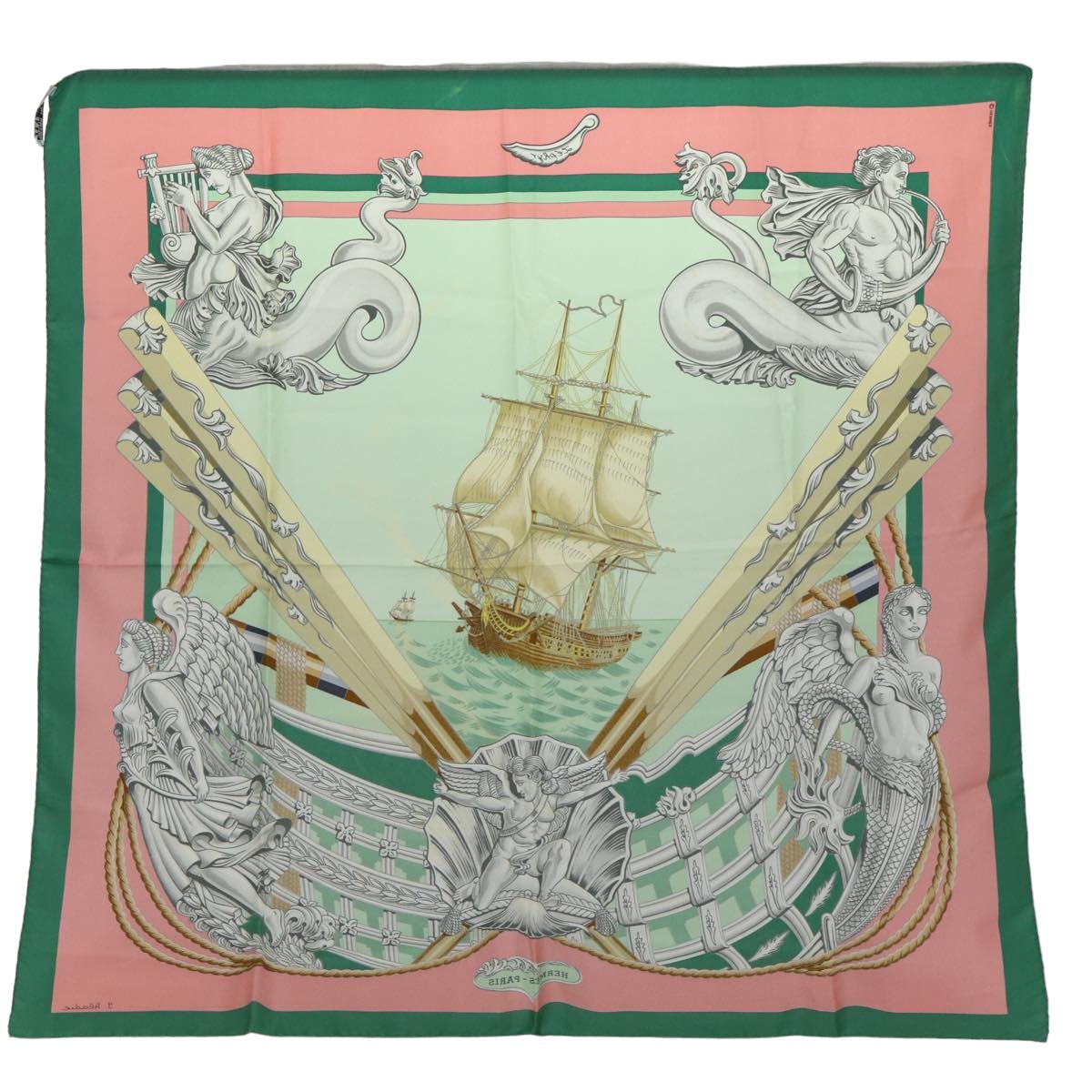 HERMES Carre 90 Scarf ""Zephyr"" Silk Green Auth am6362