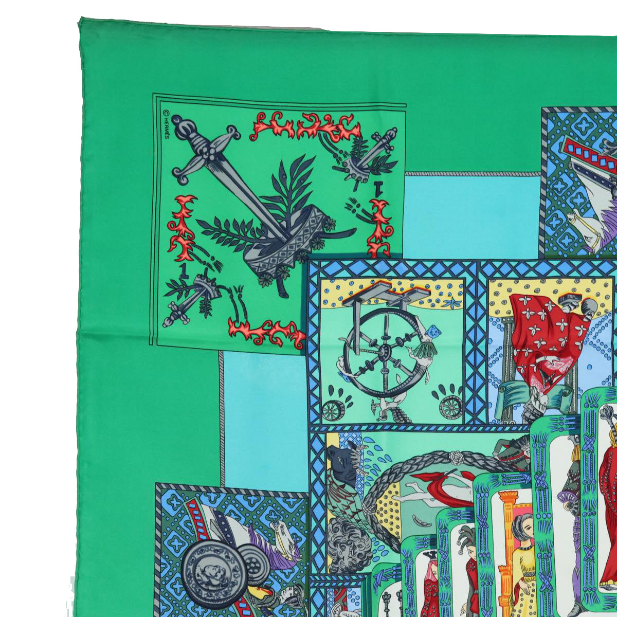 HERMES Carre 90 Scarf ""LE TAROT"" Silk Green Auth am6365 - 0