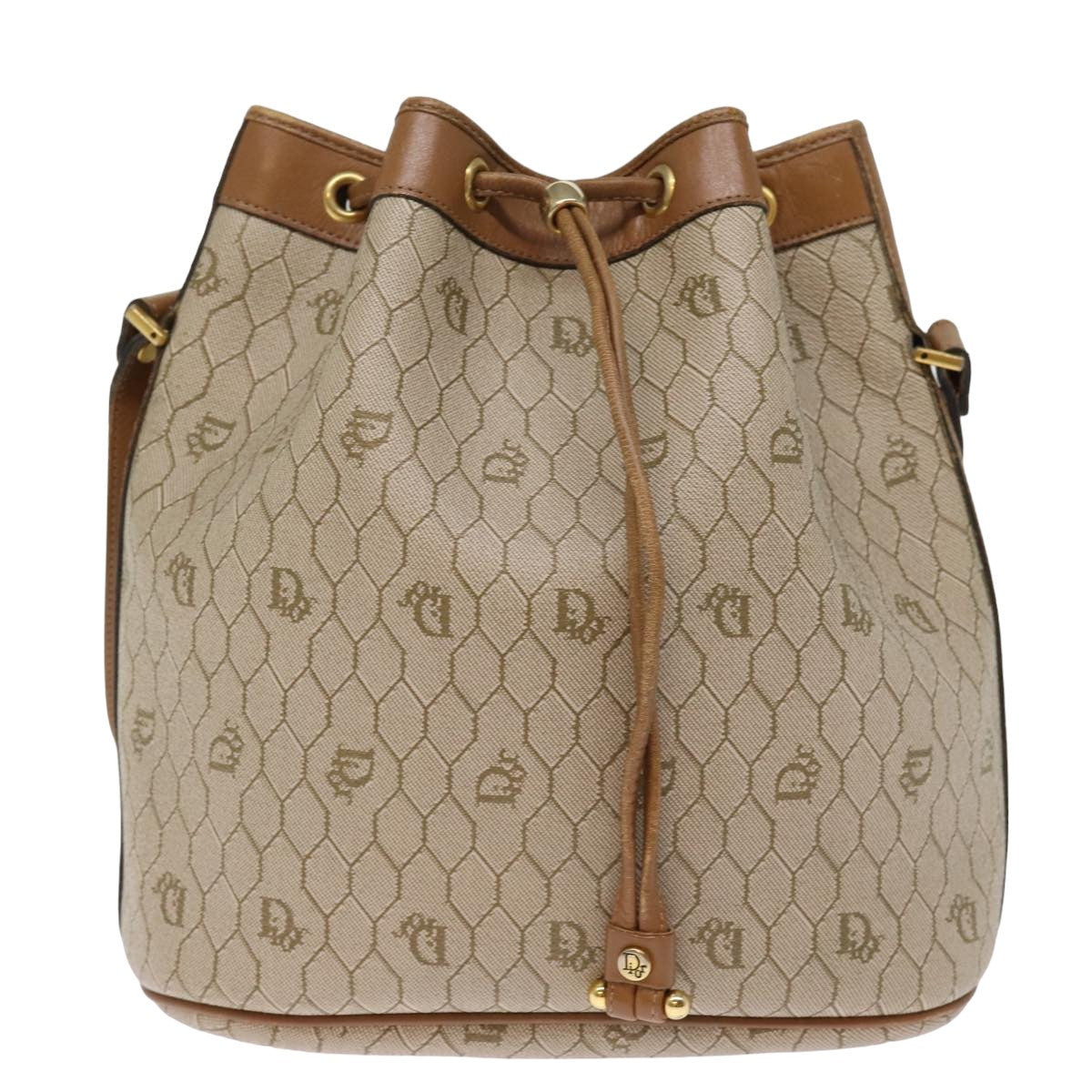 Christian Dior Honeycomb Canvas Shoulder Bag PVC Leather Beige Auth am6371