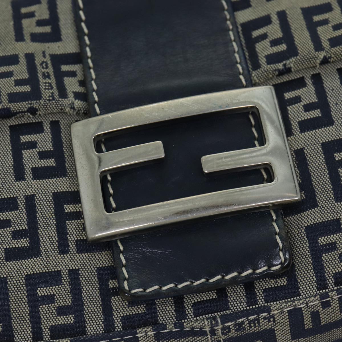 FENDI Zucchino Canvas Mamma Baguette Shoulder Bag Navy Auth am6397