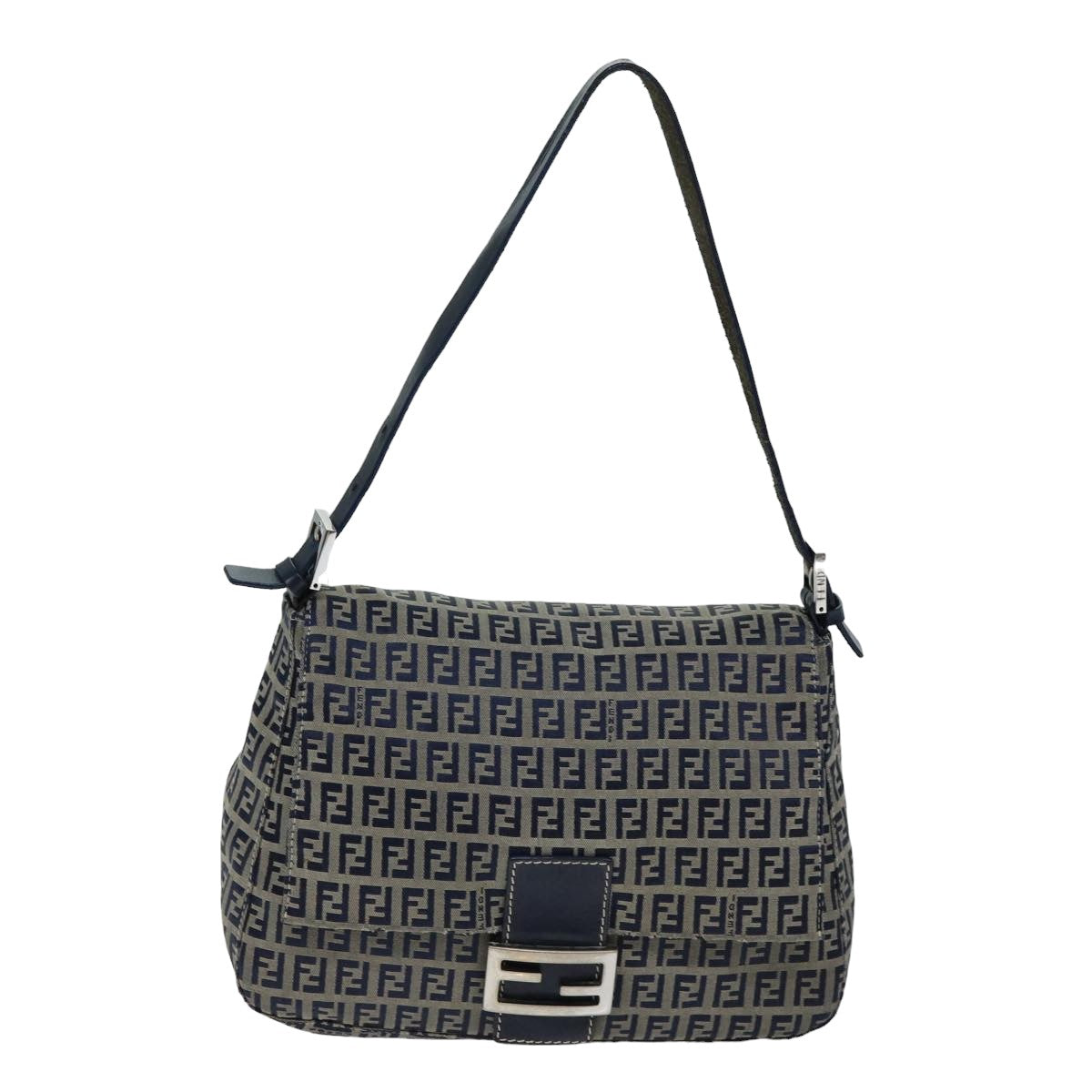 FENDI Zucchino Canvas Mamma Baguette Shoulder Bag Navy Auth am6397