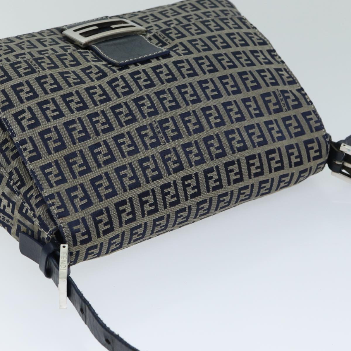 FENDI Zucchino Canvas Mamma Baguette Shoulder Bag Navy Auth am6397