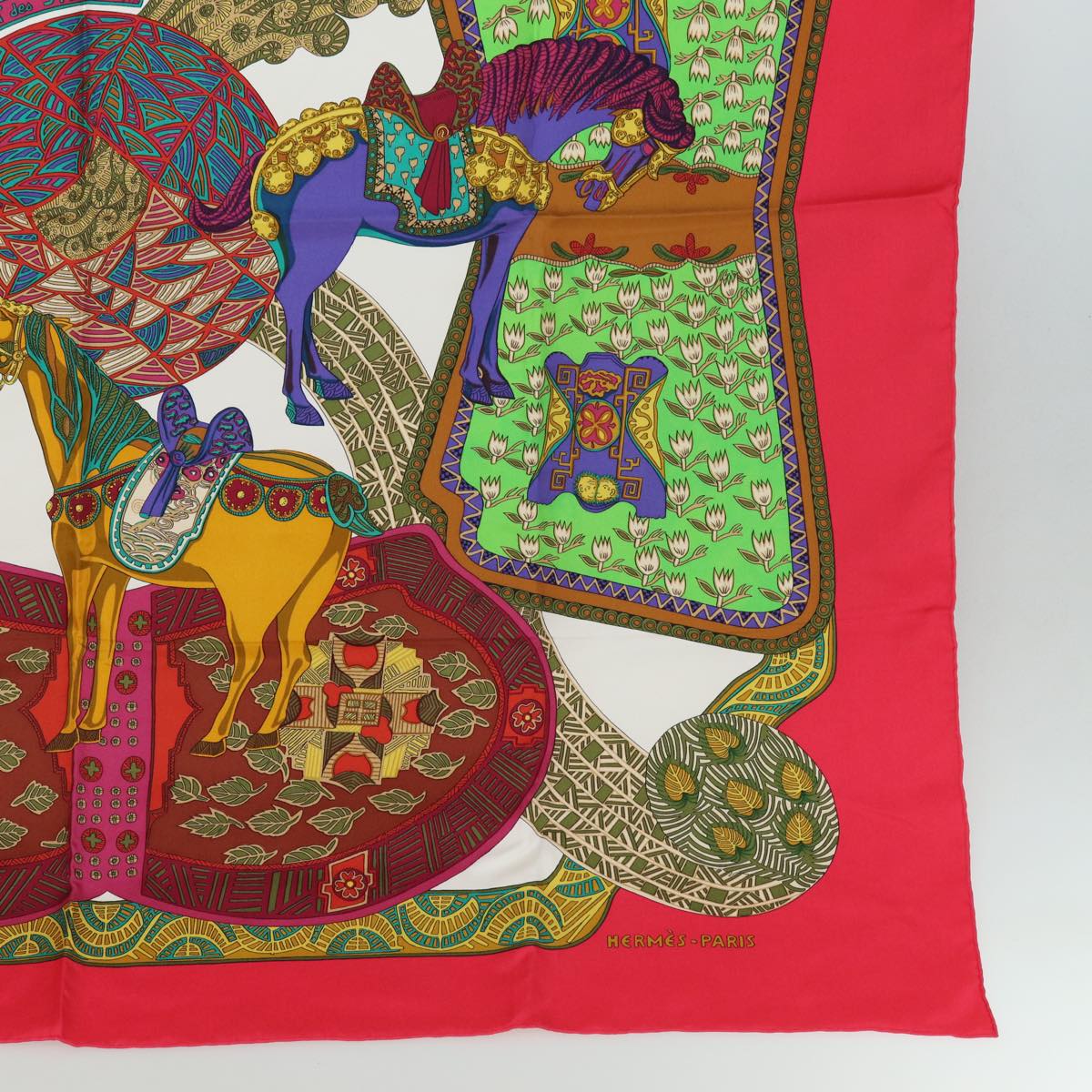 HERMES Carre 90 Scarf ART des STEPPES Silk Red Auth am6435