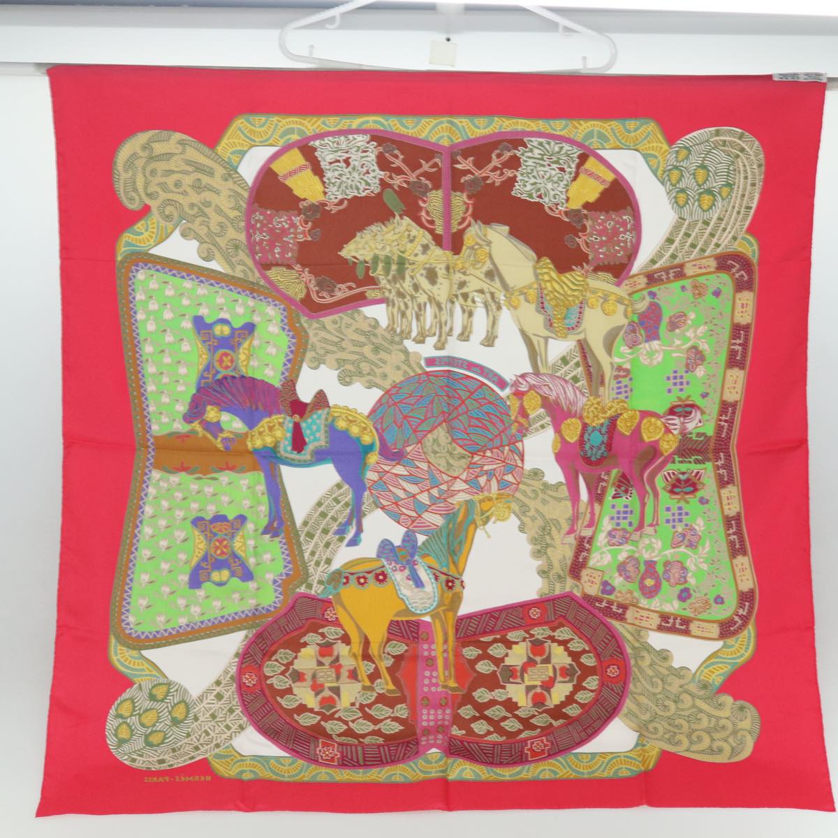 HERMES Carre 90 Scarf ART des STEPPES Silk Red Auth am6435