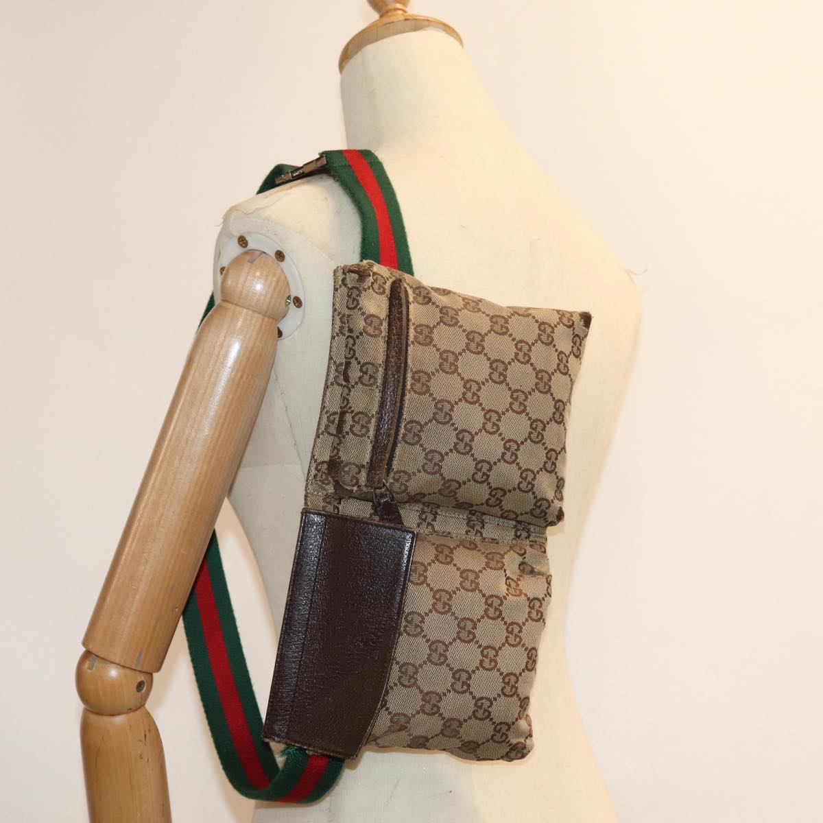 GUCCI GG Canvas Web Sherry Line Waist bag Beige Red Green 28566 Auth am6441