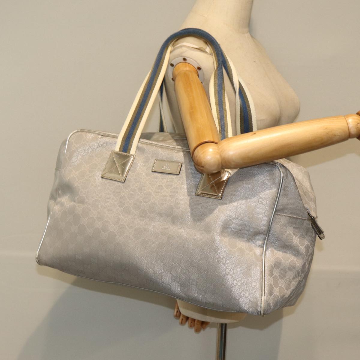 GUCCI GG Canvas Sherry Line Boston Bag Gray Silver 153240 Auth am6442