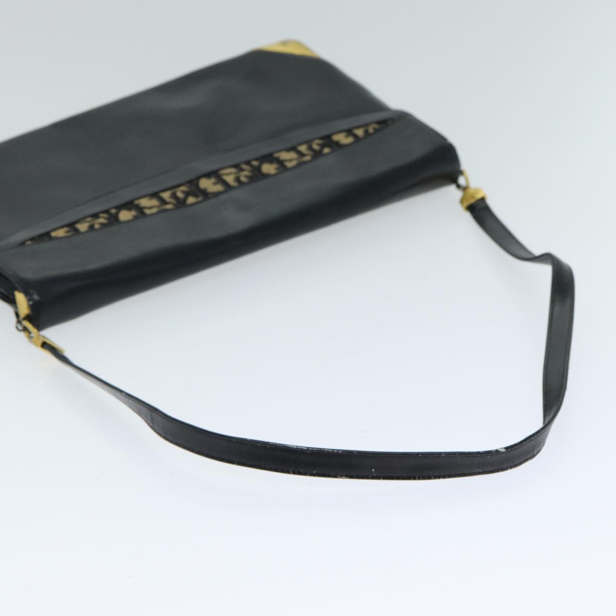 Christian Dior Trotter Canvas Shoulder Bag Leather Navy Black Auth am6449