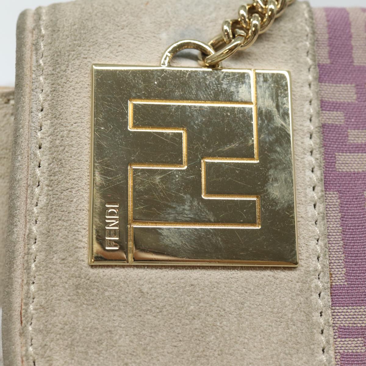 FENDI Zucchino Canvas Chain Hand Bag Suede Purple Auth am6453