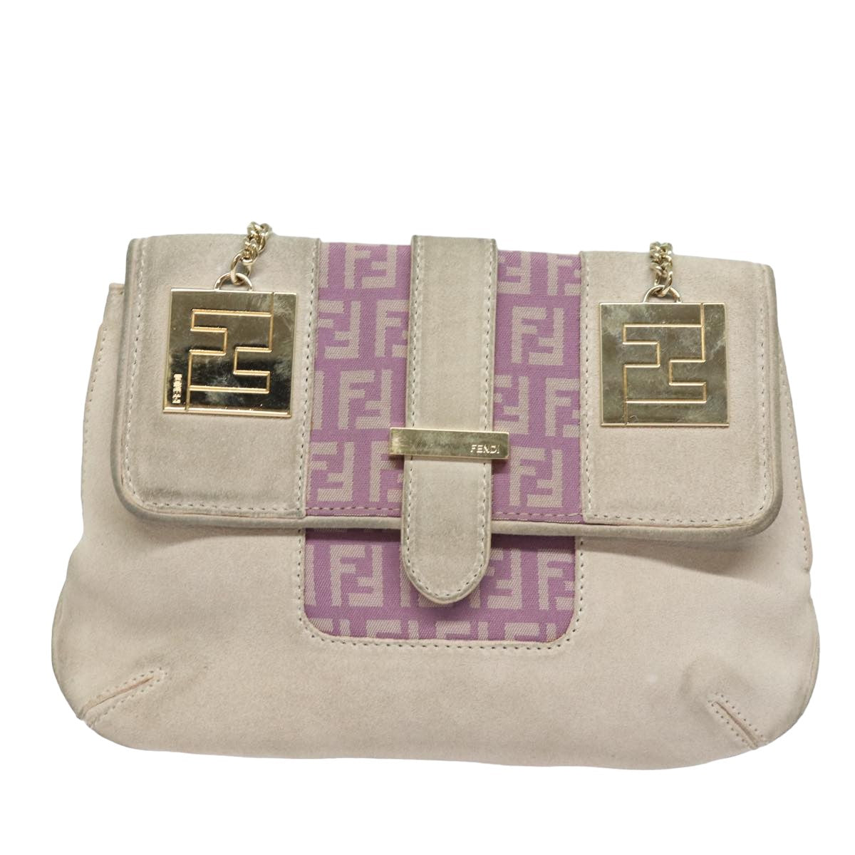 FENDI Zucchino Canvas Chain Hand Bag Suede Purple Auth am6453