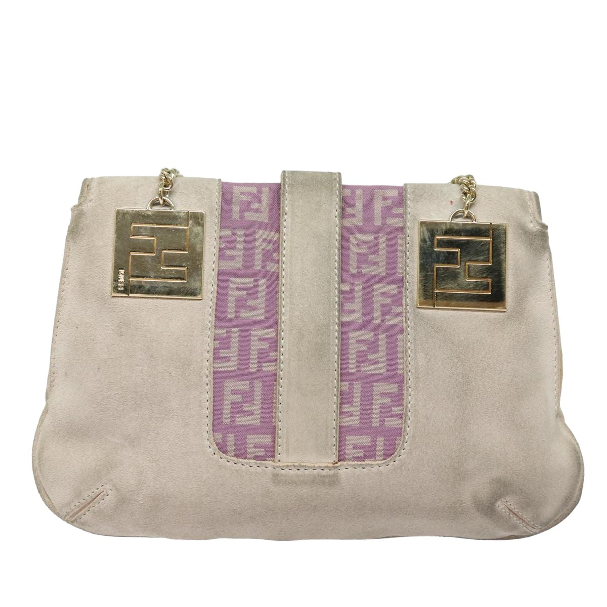 FENDI Zucchino Canvas Chain Hand Bag Suede Purple Auth am6453 - 0