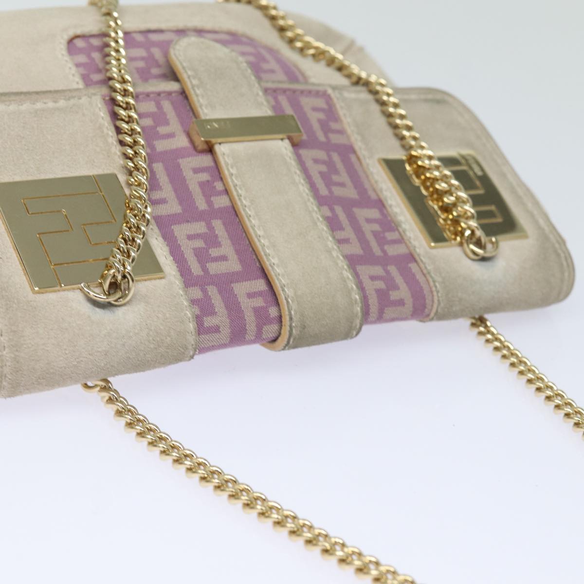 FENDI Zucchino Canvas Chain Hand Bag Suede Purple Auth am6453