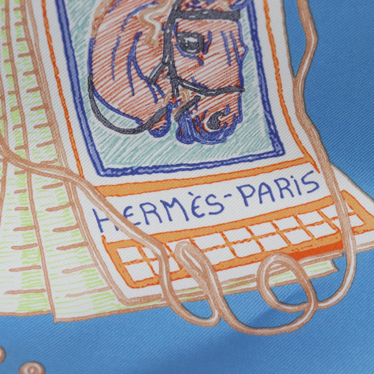 HERMES Carre 90 Scarf ""Chevaloscope"" Silk Blue Auth am6510